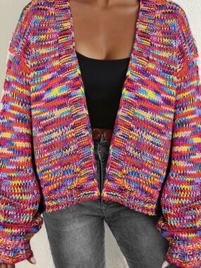 L11 Pink Confetti Drop Shoulder Open Front Cardigan